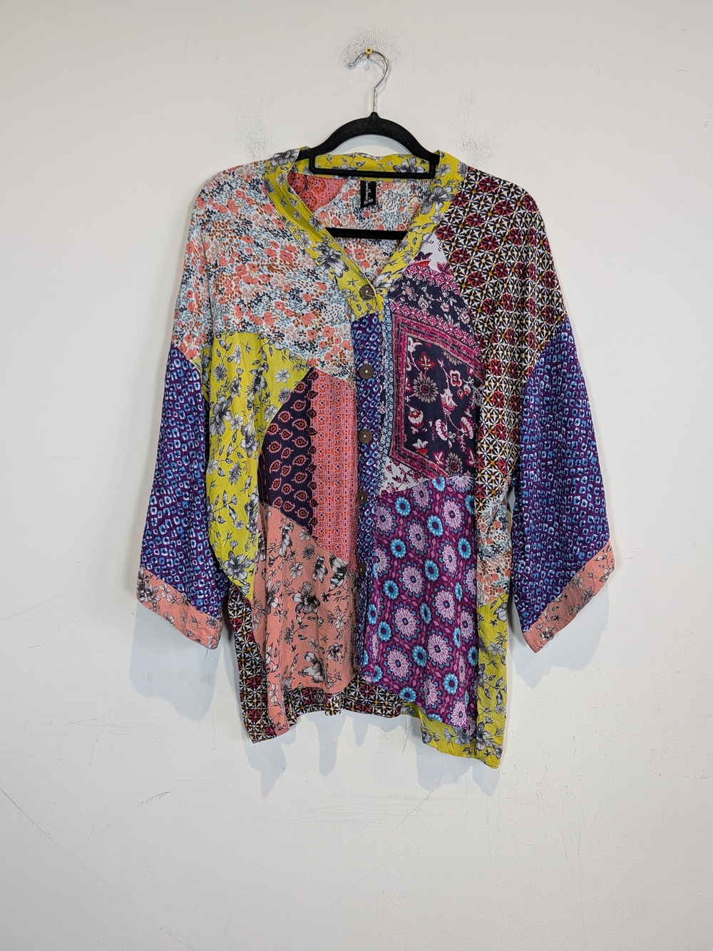 Sacred Threads Multicolor Patchwork Button-Down Blouse, Size S/M